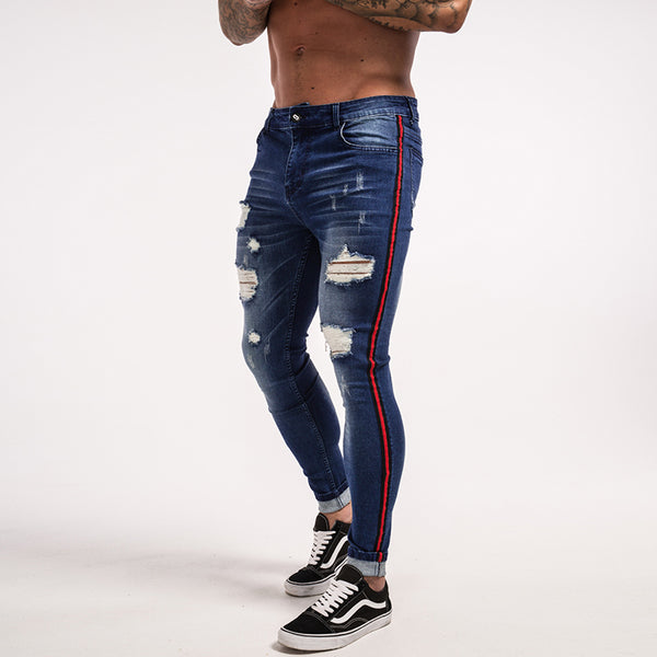 Gingtto Stripe Ripped Jeans For Men Hip Hop Super Skinny Blue Men Jeans Elastic Pant Designer Brand Fashion Slim Fit Ribbon