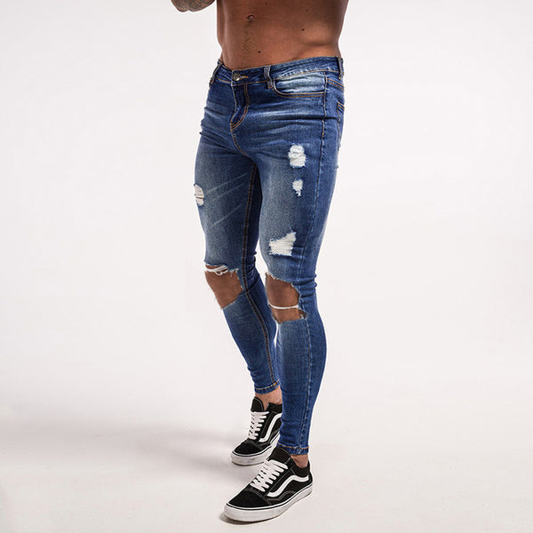 Gingtto Knee Ripped Jeans Dark Blue Men Jeans Super Skinny  Elastic Pant Fashion Slim Fit Stretch Hip Hop Street Wear zm06